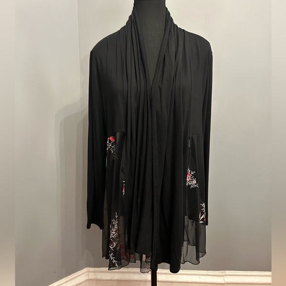 Kim & Cami Black Open Front Cardigan with Sheer Embroidered Mesh, size M - Picture 2 of 5